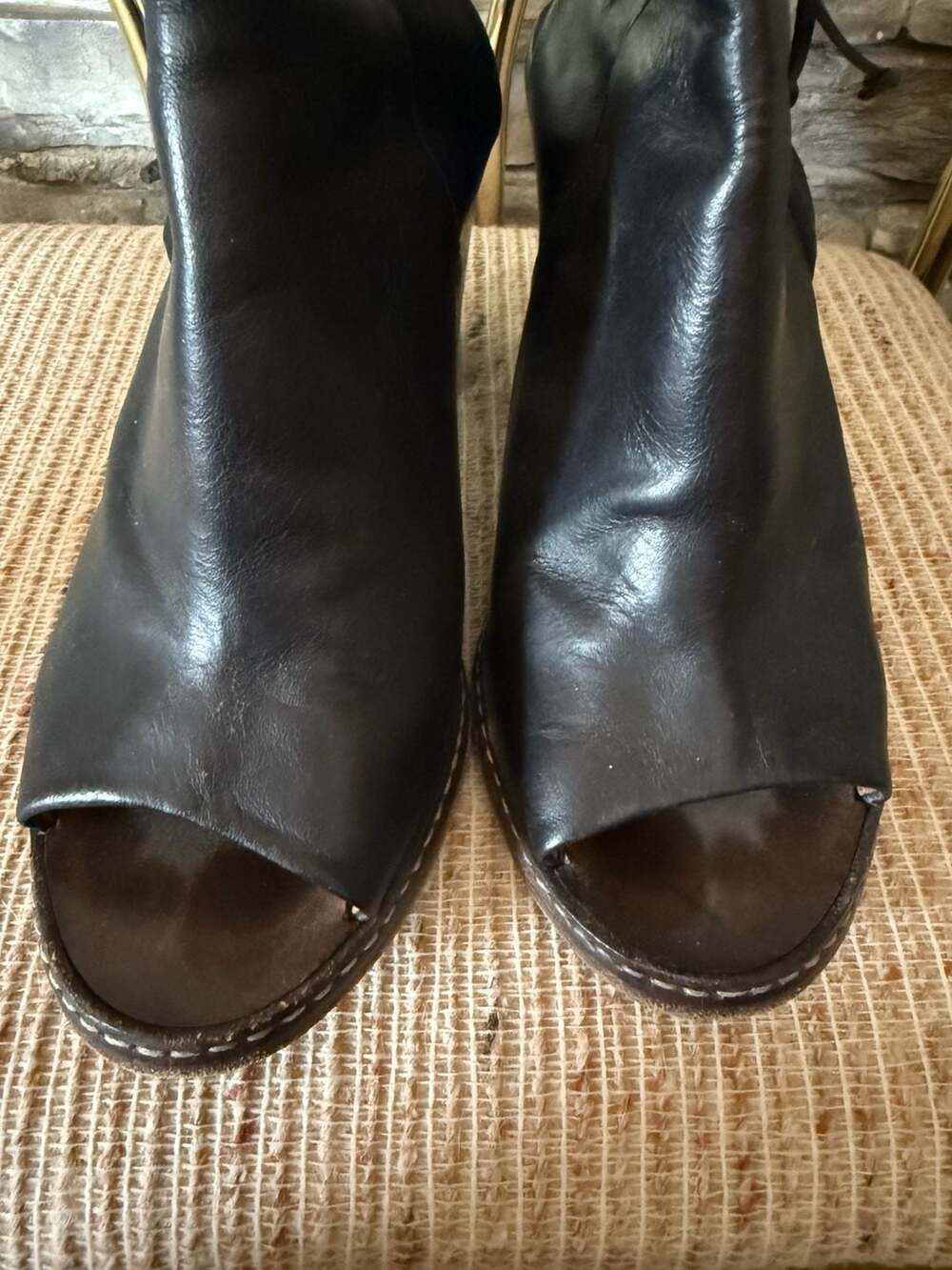Buttero Black Leather Peep Toe Slingback Block Heel Boots Size 38 - Picture 5 of 8